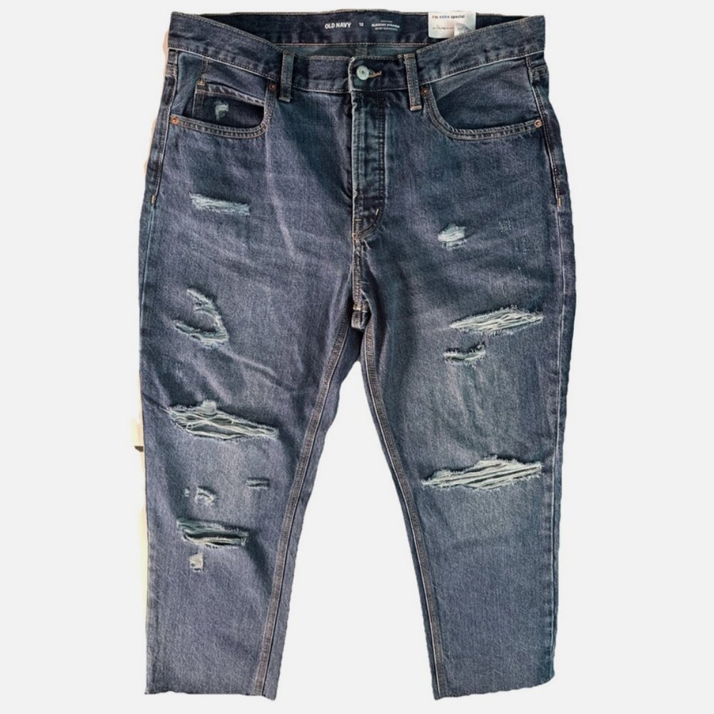 NWT Old Navy High Rise Slouchy Straight Crop Distressed Jeans Womens 12 Blue